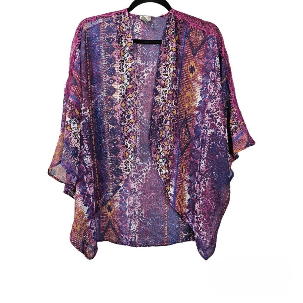 Paper Crane Buckle Short Sleeve Lace Sheer Boho Purple Kimono
